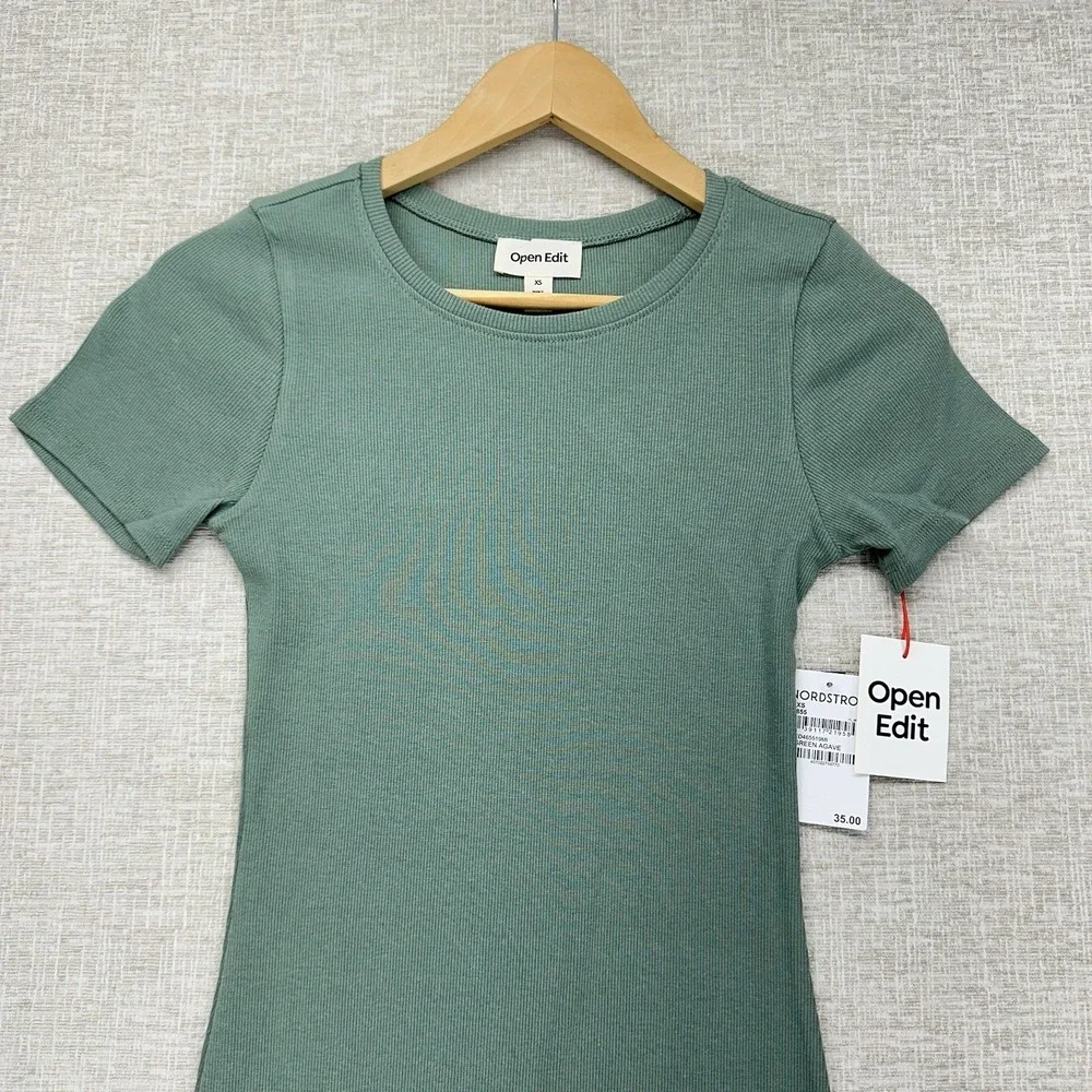 Open Edit Dress Womens Size XS Ribbed Short Sleeve Bodycon NWT‎ Mini Casual